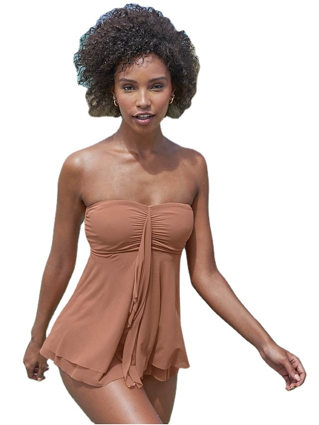 Women's Swimwear Tankini 2 Piece Normal Swimsuit High Waisted Solid Color Green Black Rosy Pink Khaki Royal Blue Padded V