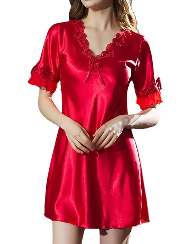 Elegant Women's Satin A-Line Mini Dress with Lace Bow, V-Neck, Solid Color for Home Lounge
