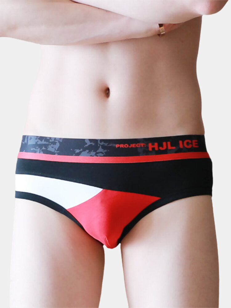 Mens Cotton Colorblock Print Skinny Fit Elastic Mid Waist Stretch Breathable Thin Briefs