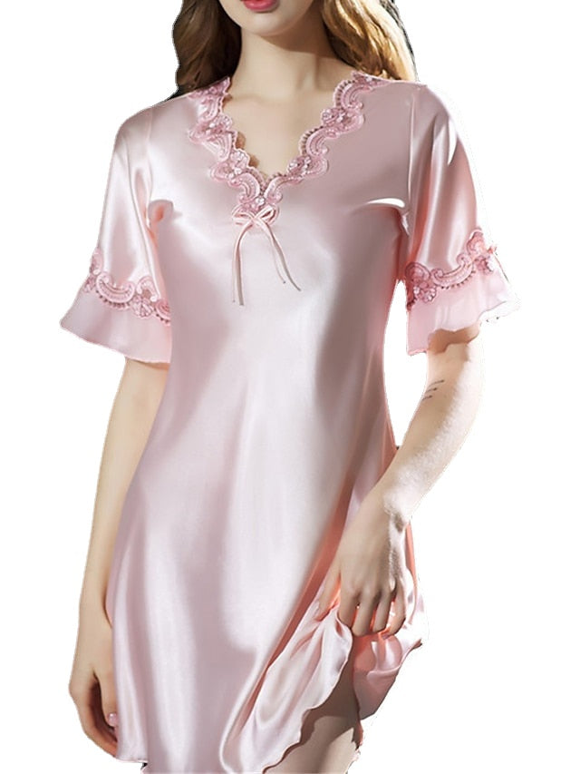 Elegant Women's Satin A-Line Mini Dress with Lace Bow, V-Neck, Solid Color for Home Lounge