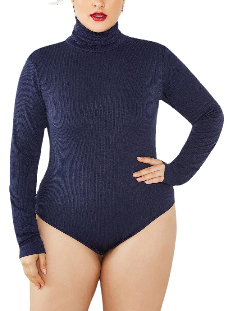 Plus Size Women Rib-Knit High Neck Long Sleeve Bodysuit Solid Basic Jumpsuits