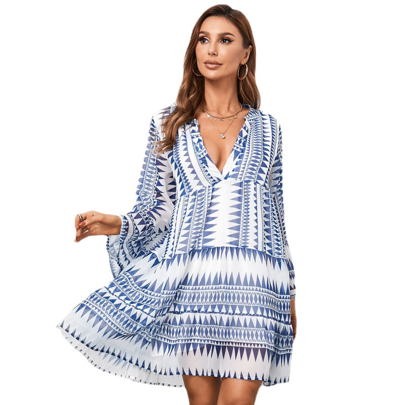 Long Sleeve V-Neck Fashion Pullover Dress