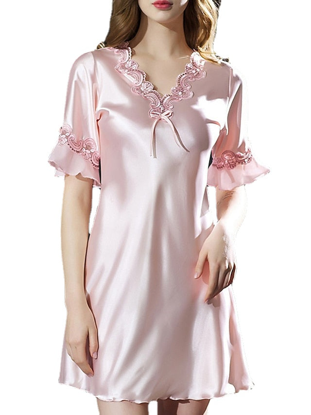 Elegant Women's Satin A-Line Mini Dress with Lace Bow, V-Neck, Solid Color for Home Lounge