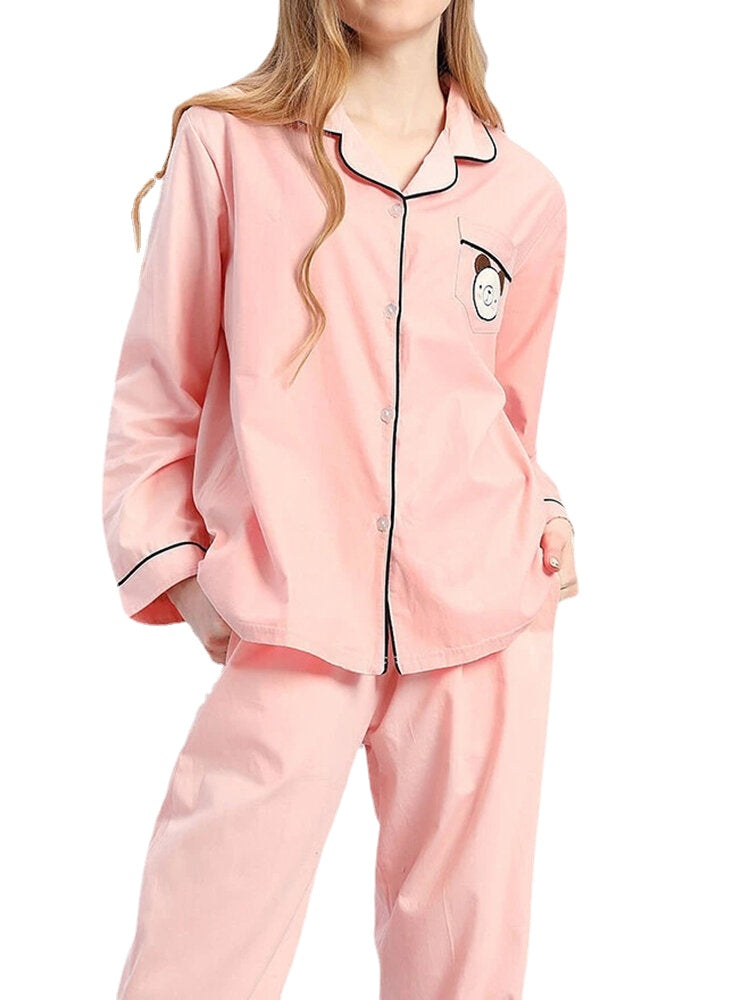 Plus Size Women's Cotton Cartoon Applique Lapel Pajama Set with Contrast Binding