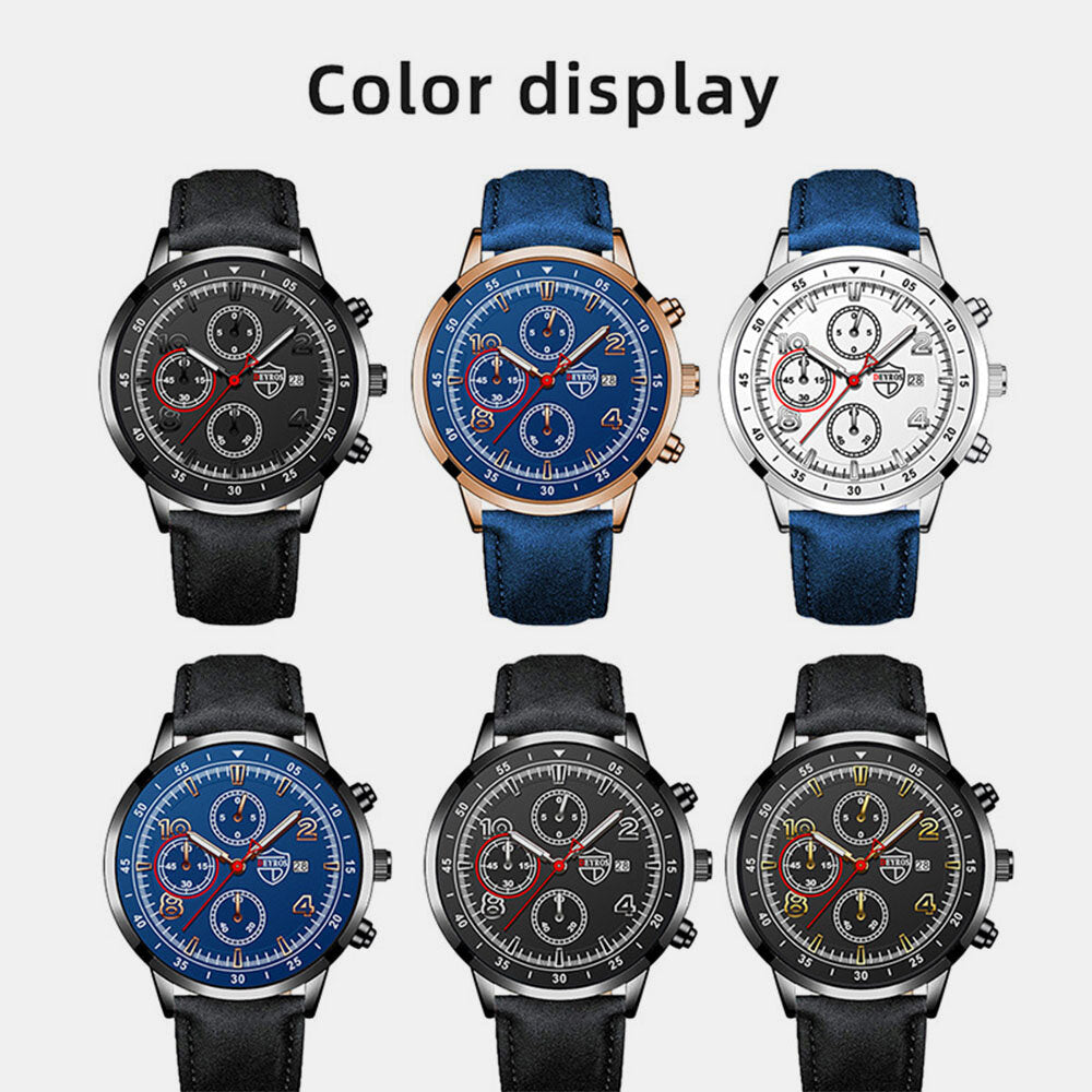 6 Colors Alloy Faux Leather Strap Business Casual Three Eyes Decor Luminous Calendar Quartz Watch