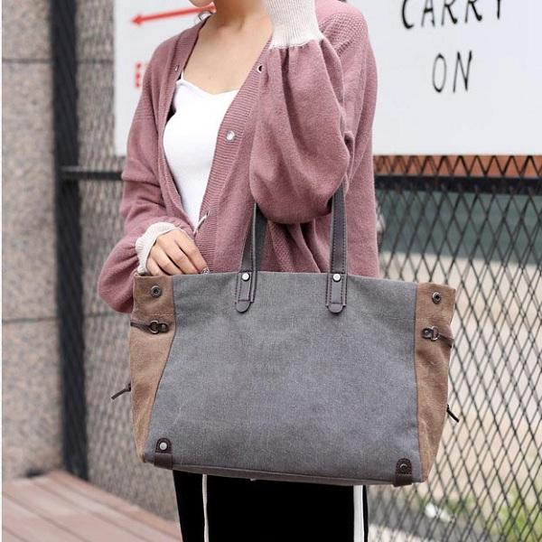 Women Quality Canvas Casual Large Capacity Color Block Tote Bag Handbag