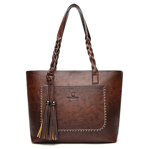 Women Retro Faux Leather Tote Bag Solid Tassel Leisure Shoulder Bag Hangbag