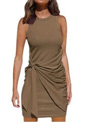 Women‘s Sleeveless Solid Color Patchwork Round Neck Elegant Short Mini Dress