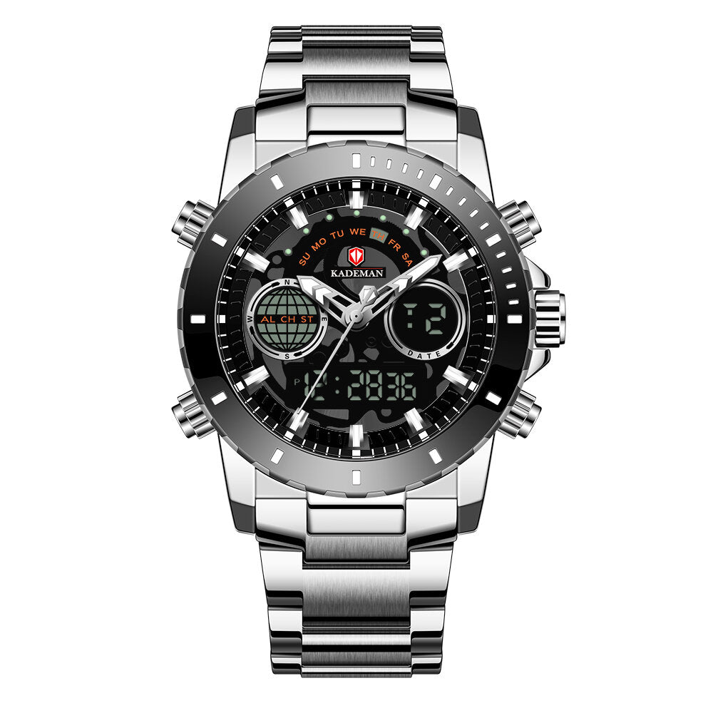 Full Stainless Steel Strap Countdown Alarm 30M Waterproof Dual Display Digital Watch