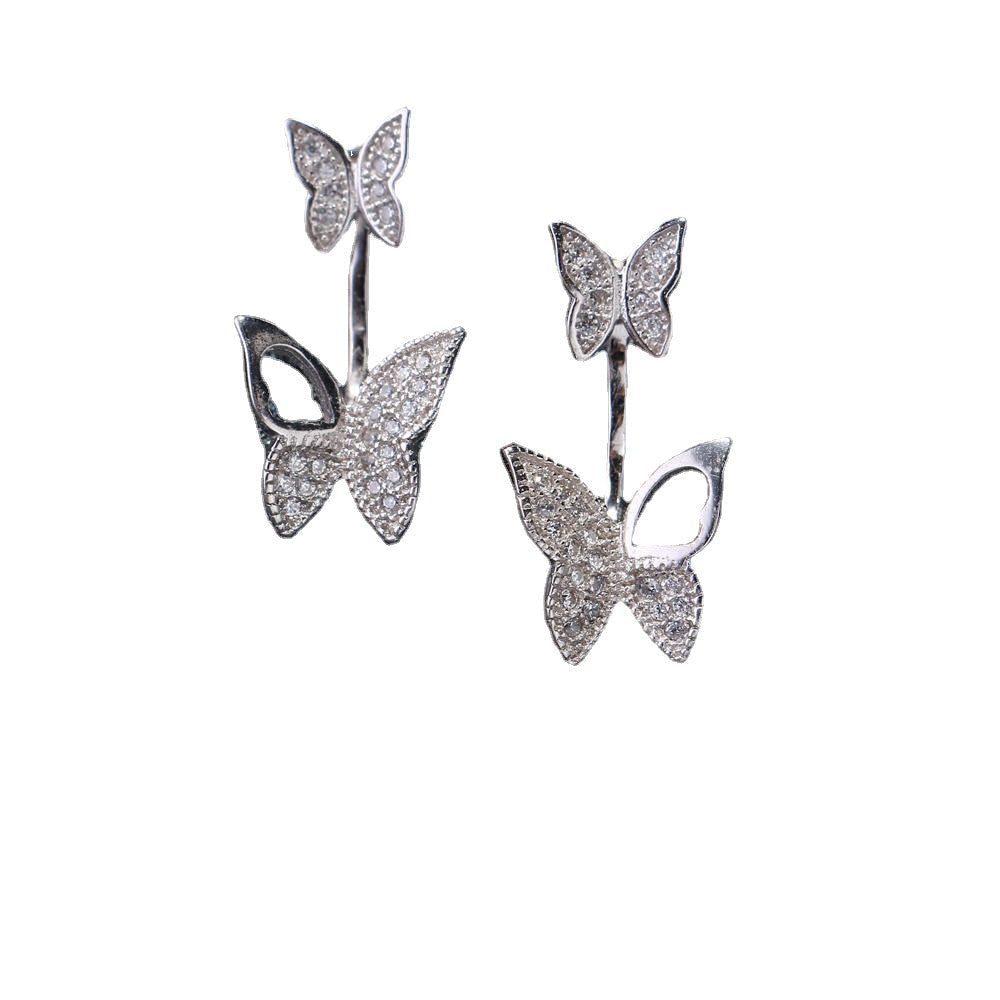 Sweet 925 Sterling Silver Rose Gold Earrings Full Zirconia Butterfly Piercing Ear Stud for Women