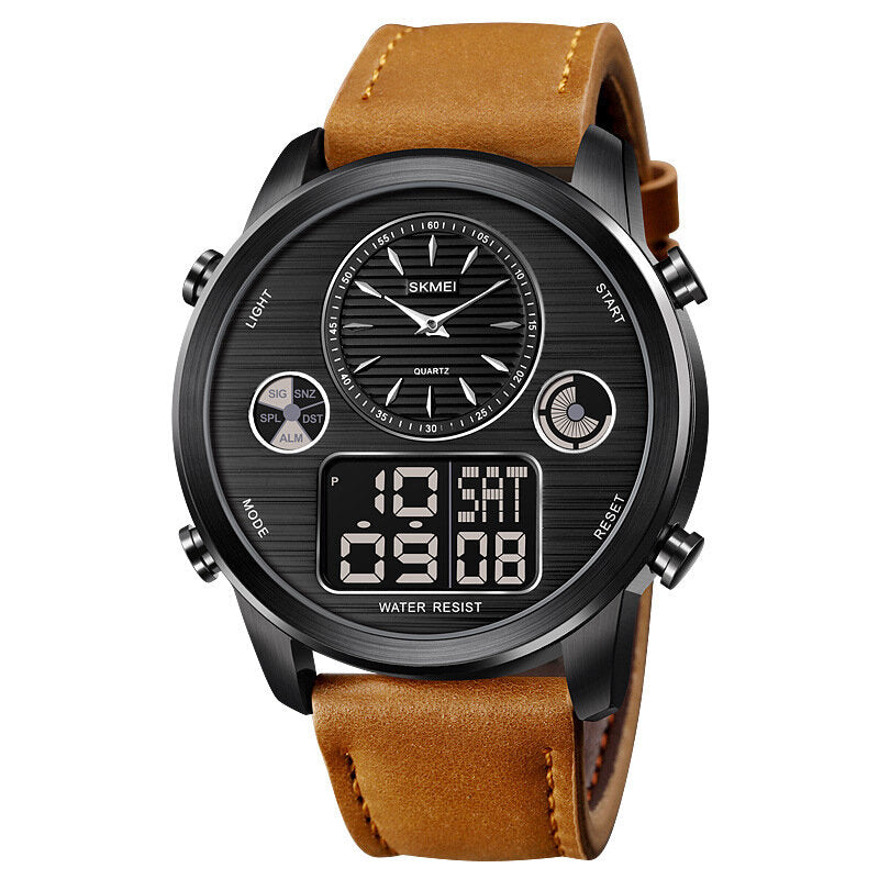 Men Digital Watch Date Week Luminous Display Stopwatch Countdown Leather Strap Dual Display Watch