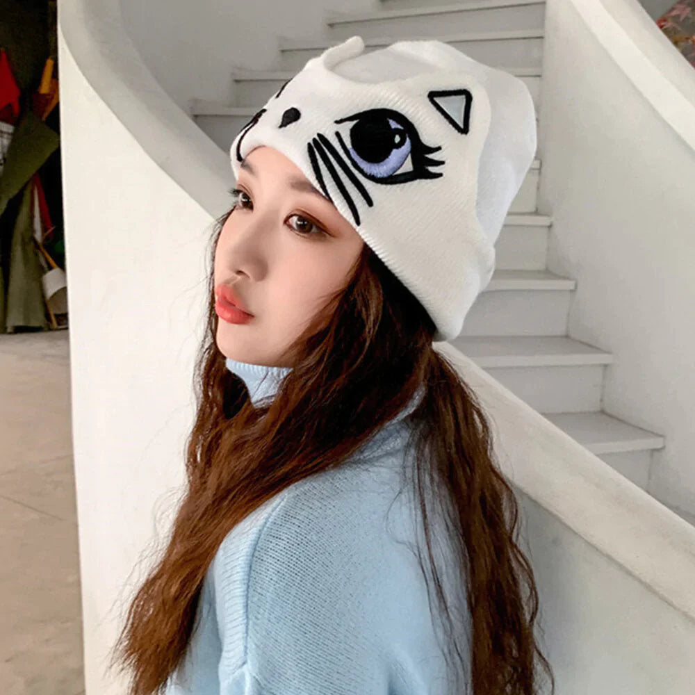 Women's Cute Cat Pattern Warm Knitted Hat - Casual All-Match