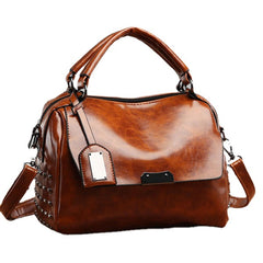 Women PU Solid Color Fashion Oil Wax Rivets Boston Handbag Shoulder Bag