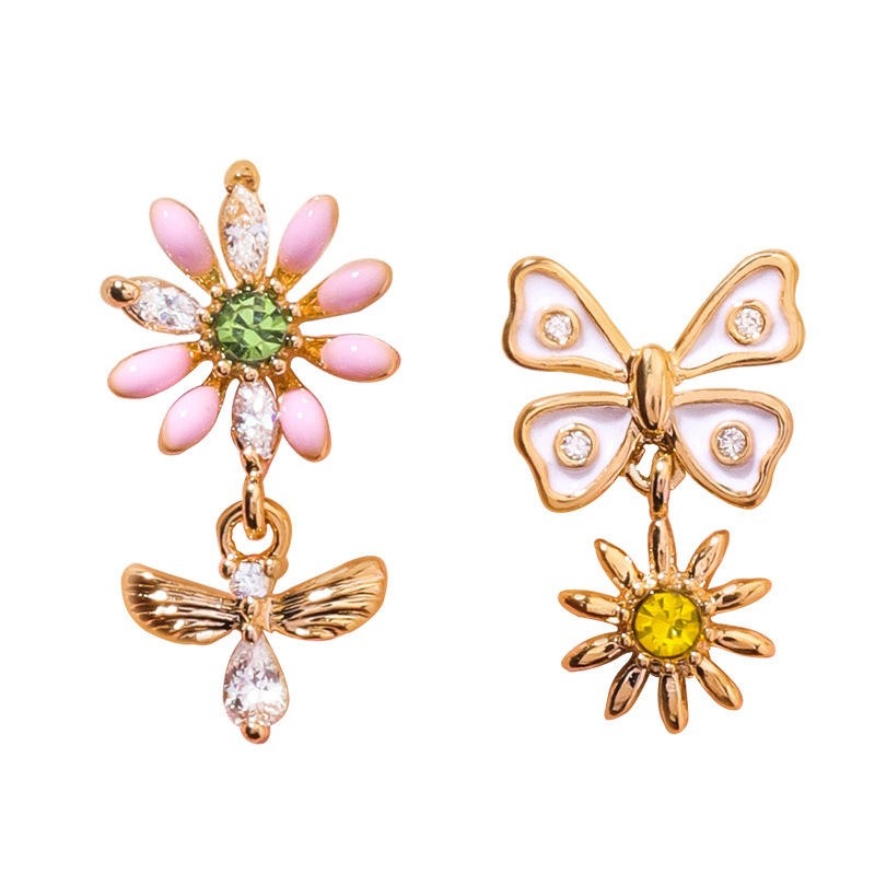 Sweet Flower Butterfly Stud Earrings Anallergic Sterling Silver Needle Rhinestone Womens Earrings