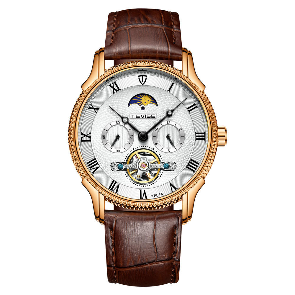 Moon Phase Automatic Mechanical Watch Roman Number Leather Band Men Watch