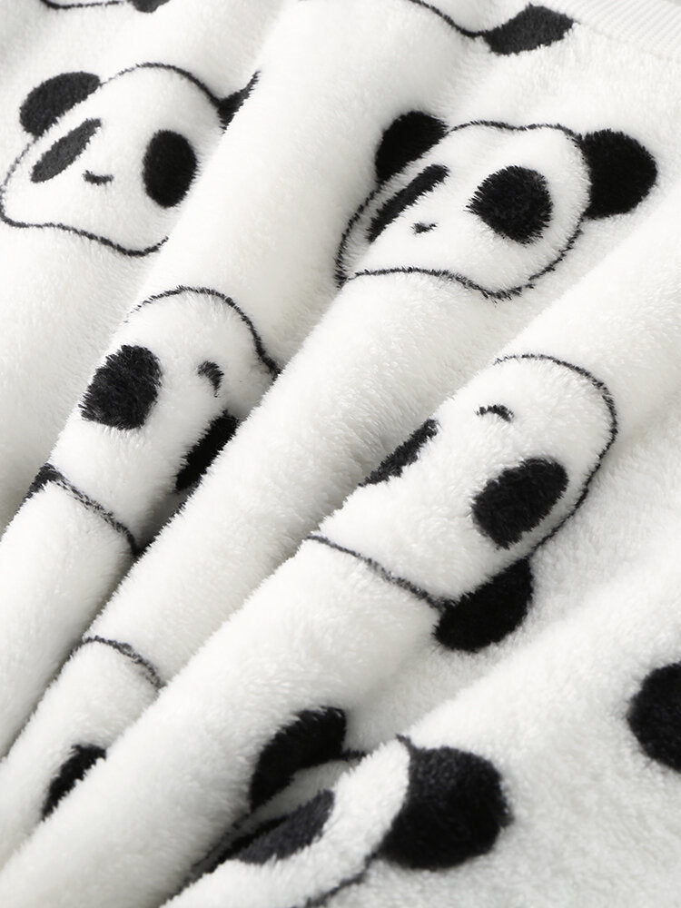 Women's Cartoon Panda Plush Pajama Set - Long Sleeve, Warm, Cozy Homewear