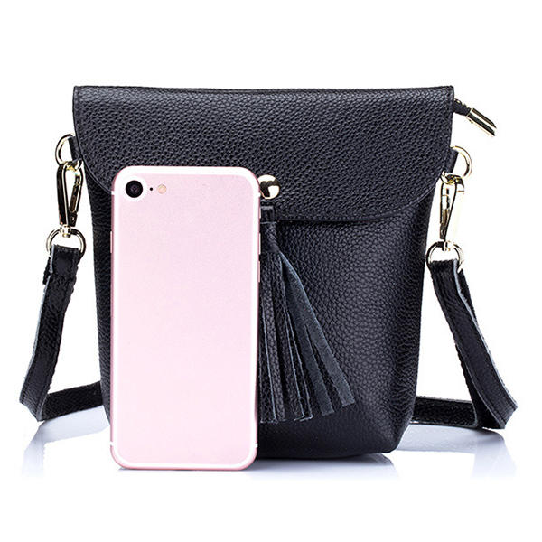 Genuine Leather Tassel Mini Shoulder Bags Vintage Hasp Crossbody Bags 5.5'' Phone Bags