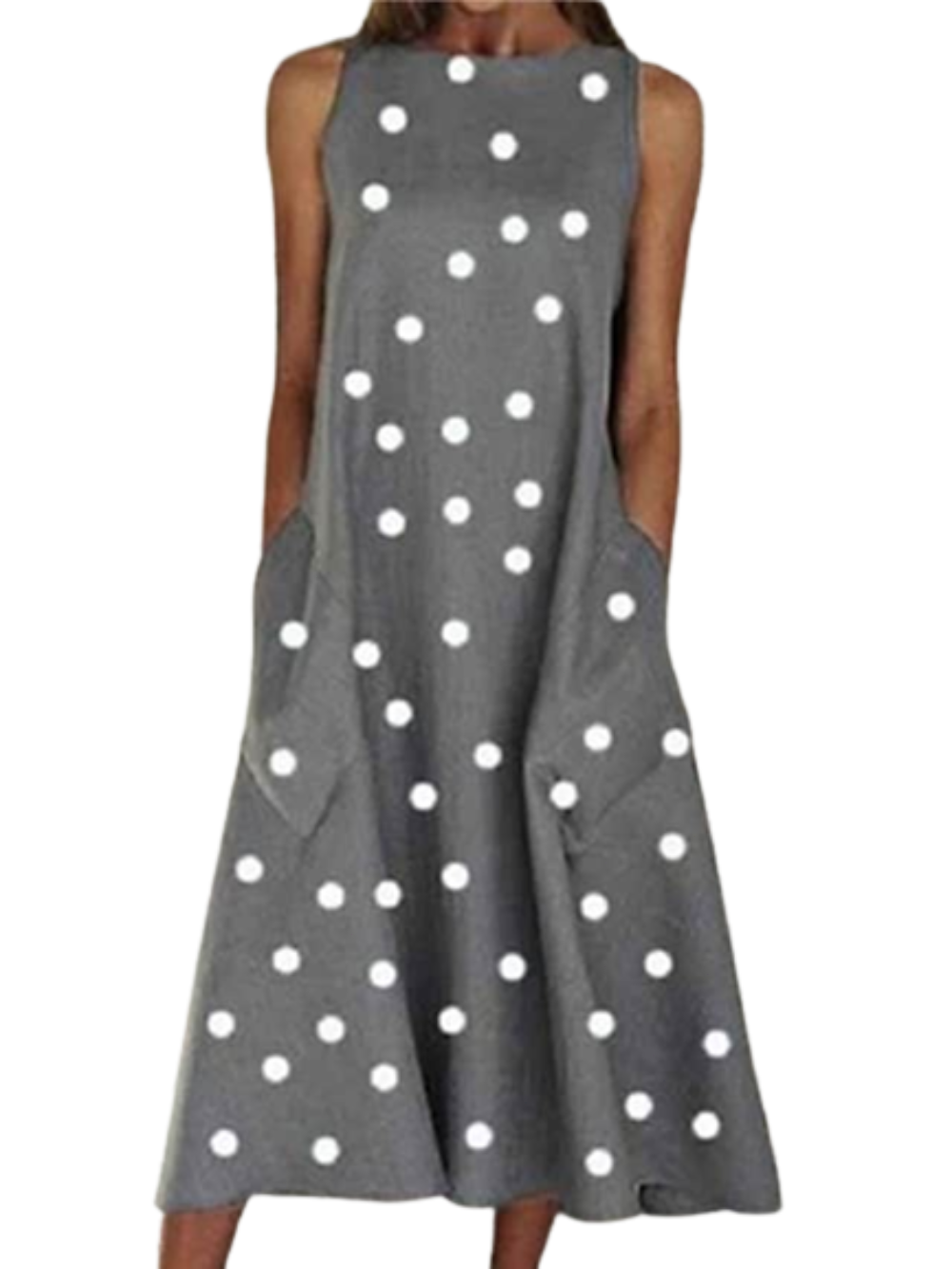 Women's Sleeveless Polka Dot Print Crew Neck Dress With Pocket