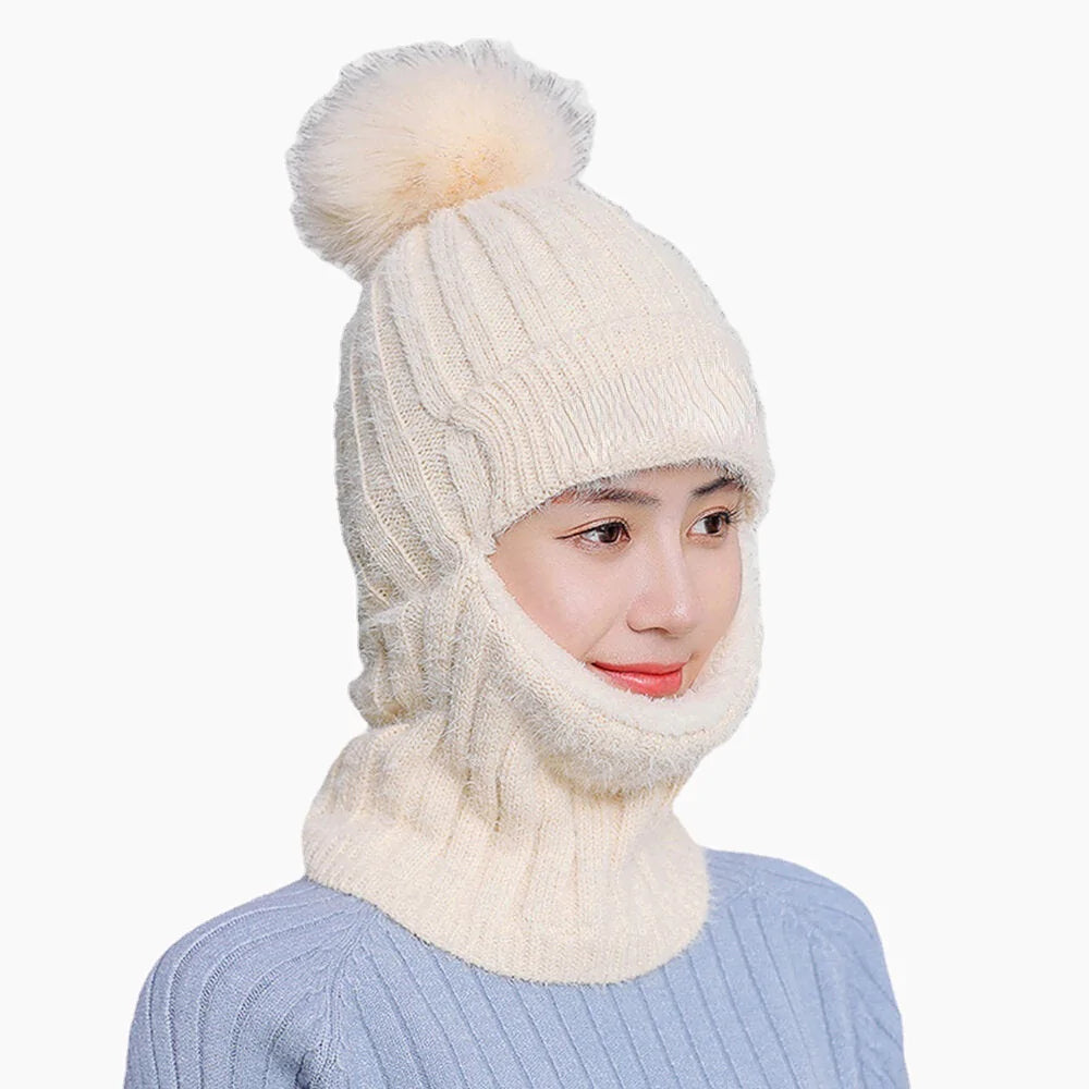 Women's Wool One-Piece Ski Hat: Warm, Velvet-Lined, Neck & Ear Protection, Fluff Ball Beanie