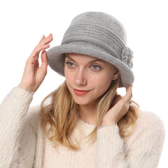 Women's Warm Knitted Bucket Hat with Flower Decoration