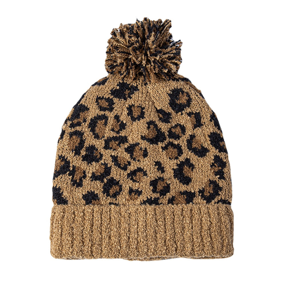 Unisex Leopard Knit Beanie with Fur Pom, Warm & Casual