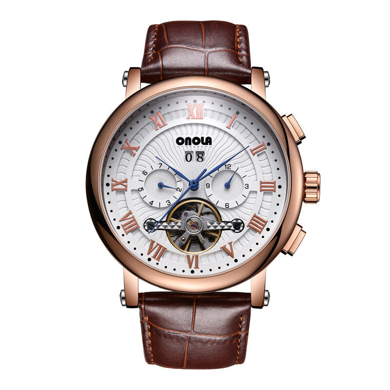 Men Automatic Watch Flywheel Hollow Date Display Leather Strap Mechanical Watch