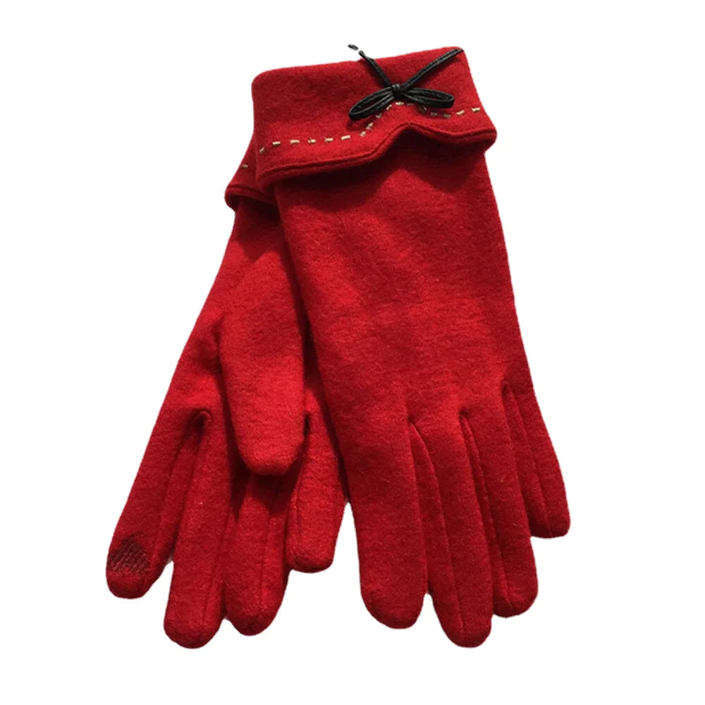 Women's Wool Touchscreen Gloves with Embroidery & Bowknot - Warm & Fashionable