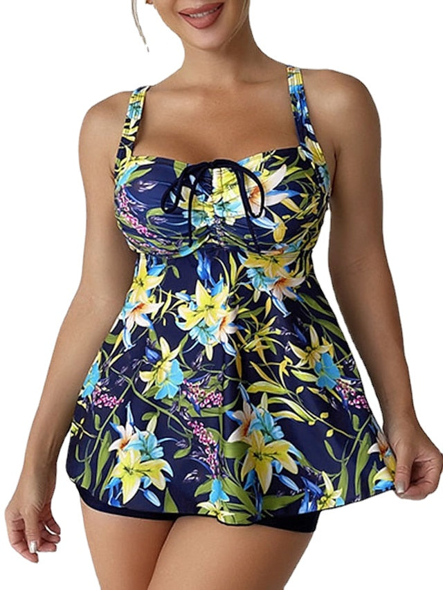 Plus Size Floral Tankini Swim Dress - Women's Open Back Camisole Swimsuit for Vacation