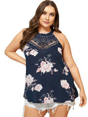 Plus Size Backless Design Floral Print Halter Sleeveless Tank Top Blue