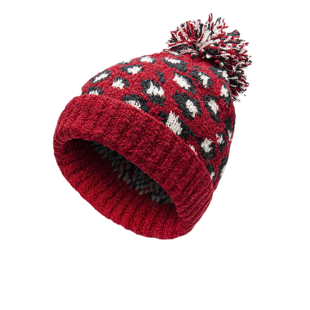 Unisex Leopard Knit Beanie with Fur Pom, Warm & Casual