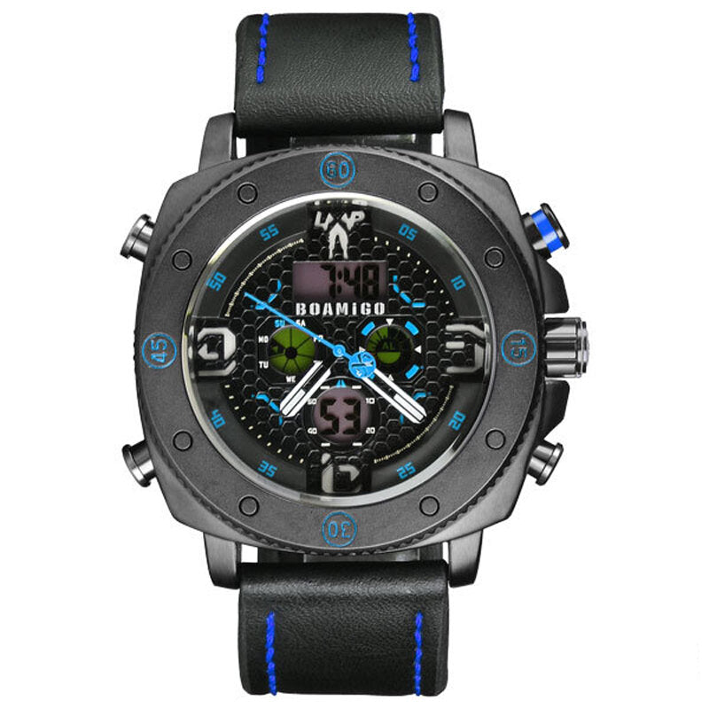 Casual Men Digital Watch 5ATM Waterproof Luminous Week Date Display Stopwatch Dual Display Watch