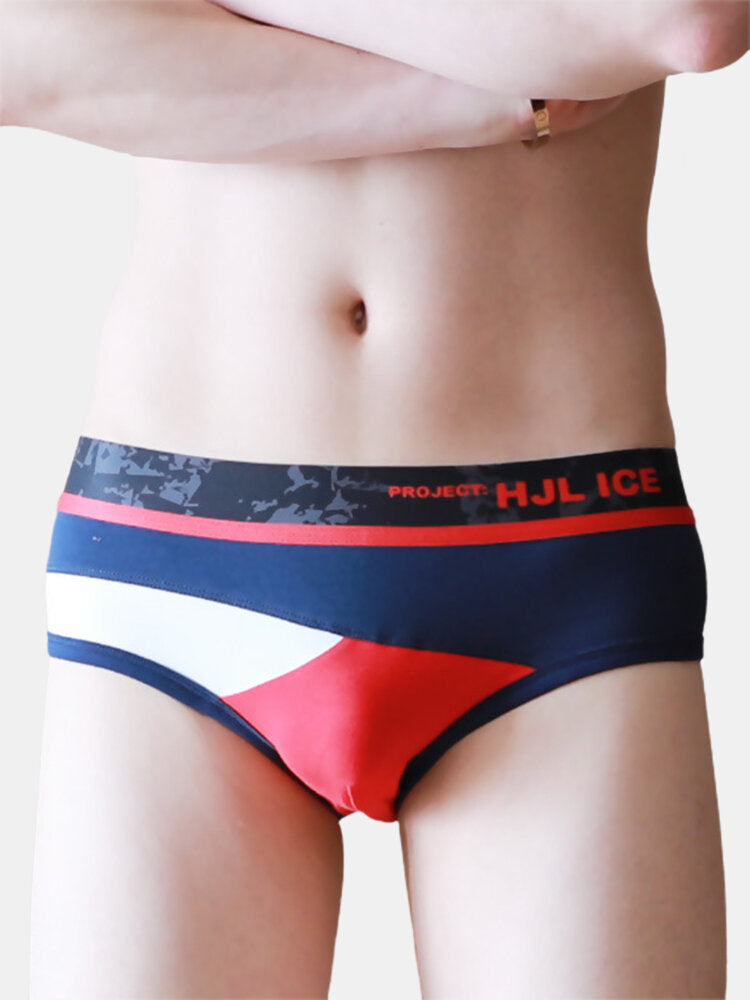 Mens Cotton Colorblock Print Skinny Fit Elastic Mid Waist Stretch Breathable Thin Briefs