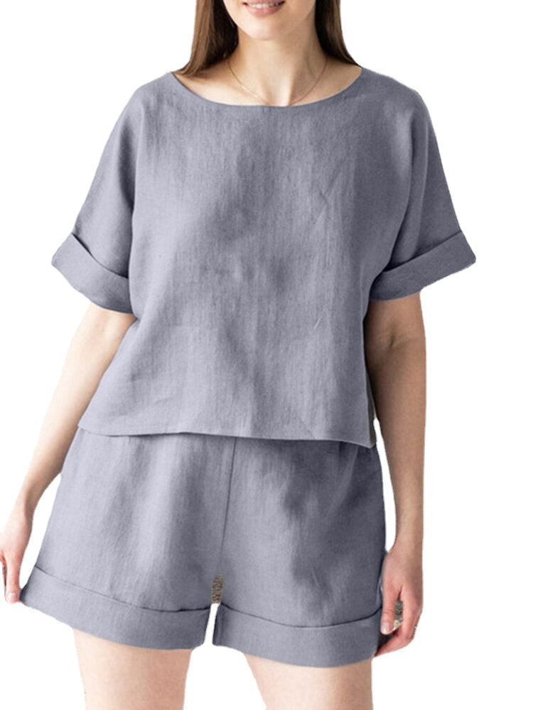 Leisure Solid Elastic Waist Pocket Short Sleeve Cotton Suit