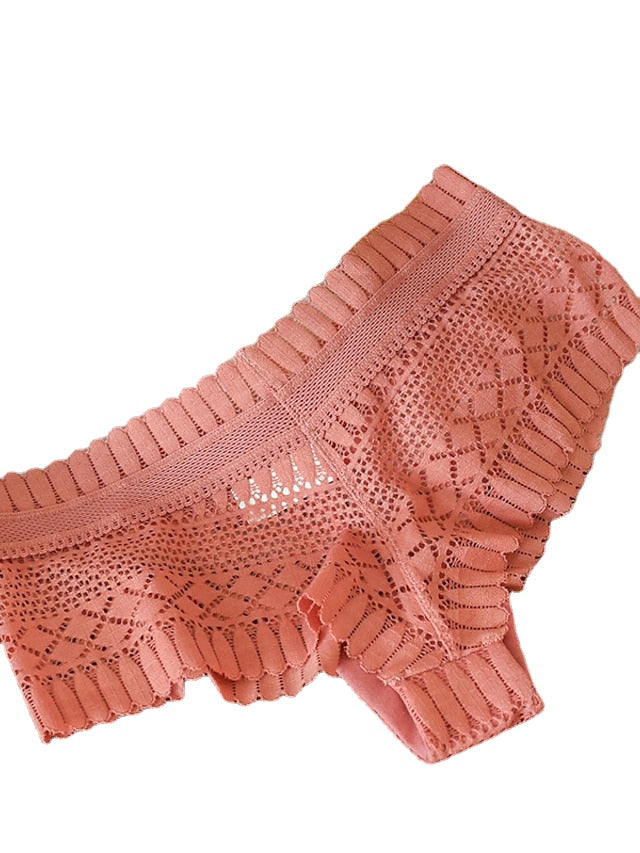 Women's Flower Lace Hole Simple Pure Color Basic Panties Brief Micro-elastic Mid Waist Sexy Nylon 1 PC Green One-Size