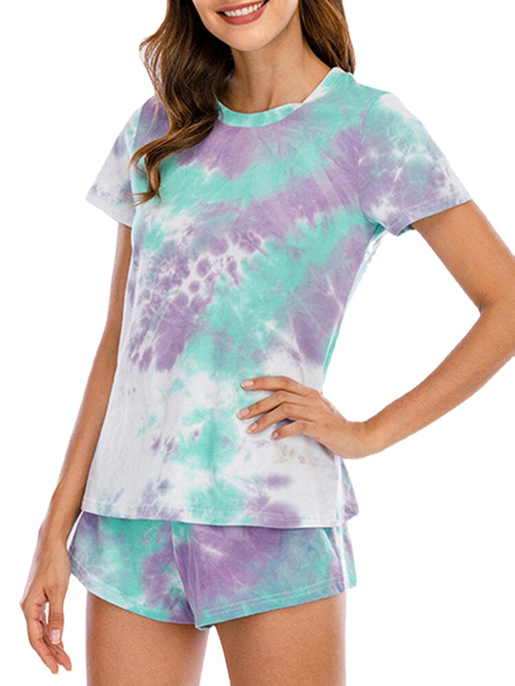 Women's Tie Dye Pajama Set - Short Sleeve, O-Neck, Soft Summer Sleepwear, 2-Piece