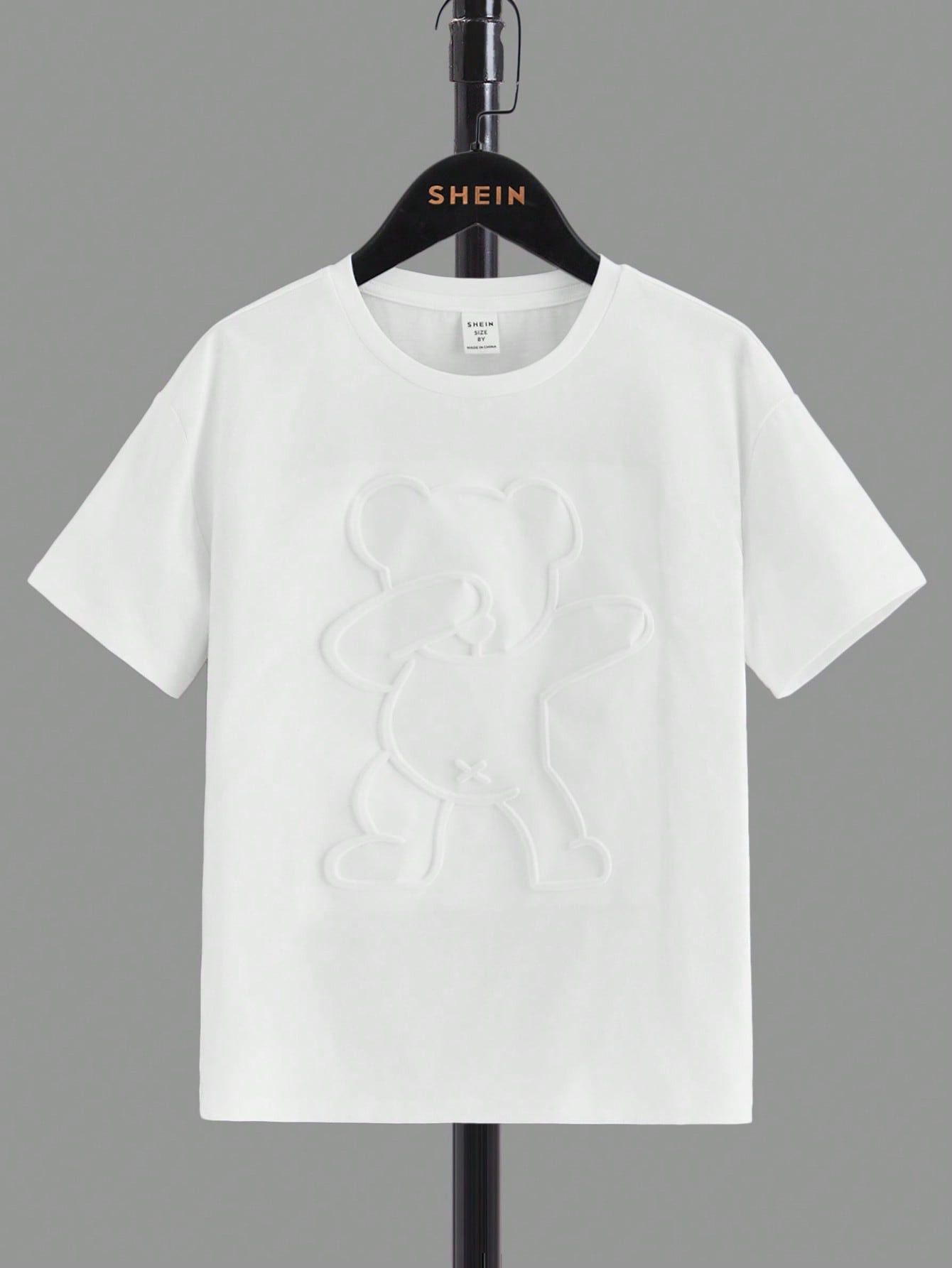 Tween Boys' Casual Bear Embossed T-Shirt, Drop Shoulder, Summer-Ready, Short Sleeve