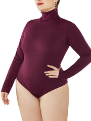 Plus Size Women Rib-Knit High Neck Long Sleeve Bodysuit Solid Basic Jumpsuits