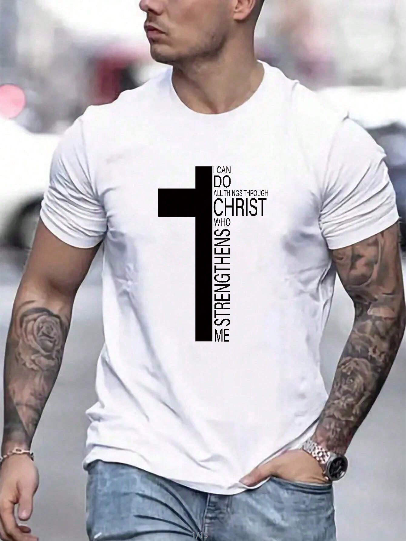 Men's Casual Summer Slogan T-Shirt, Cross Print, Round Neck, Short Sleeve