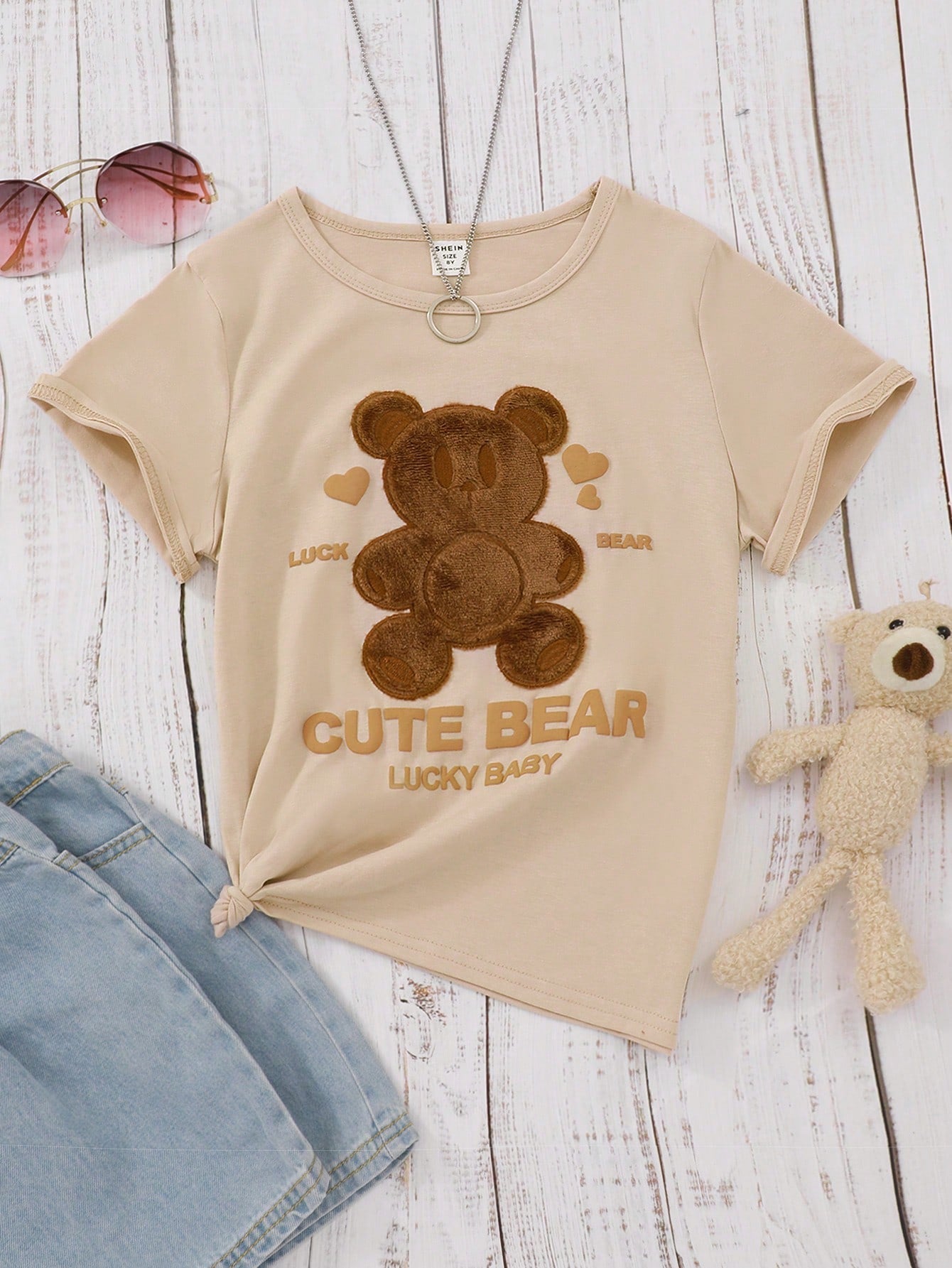 Tween Girl Casual Bear & Letter Graphic Tee - Round Neck, Short Sleeve, Regular Fit