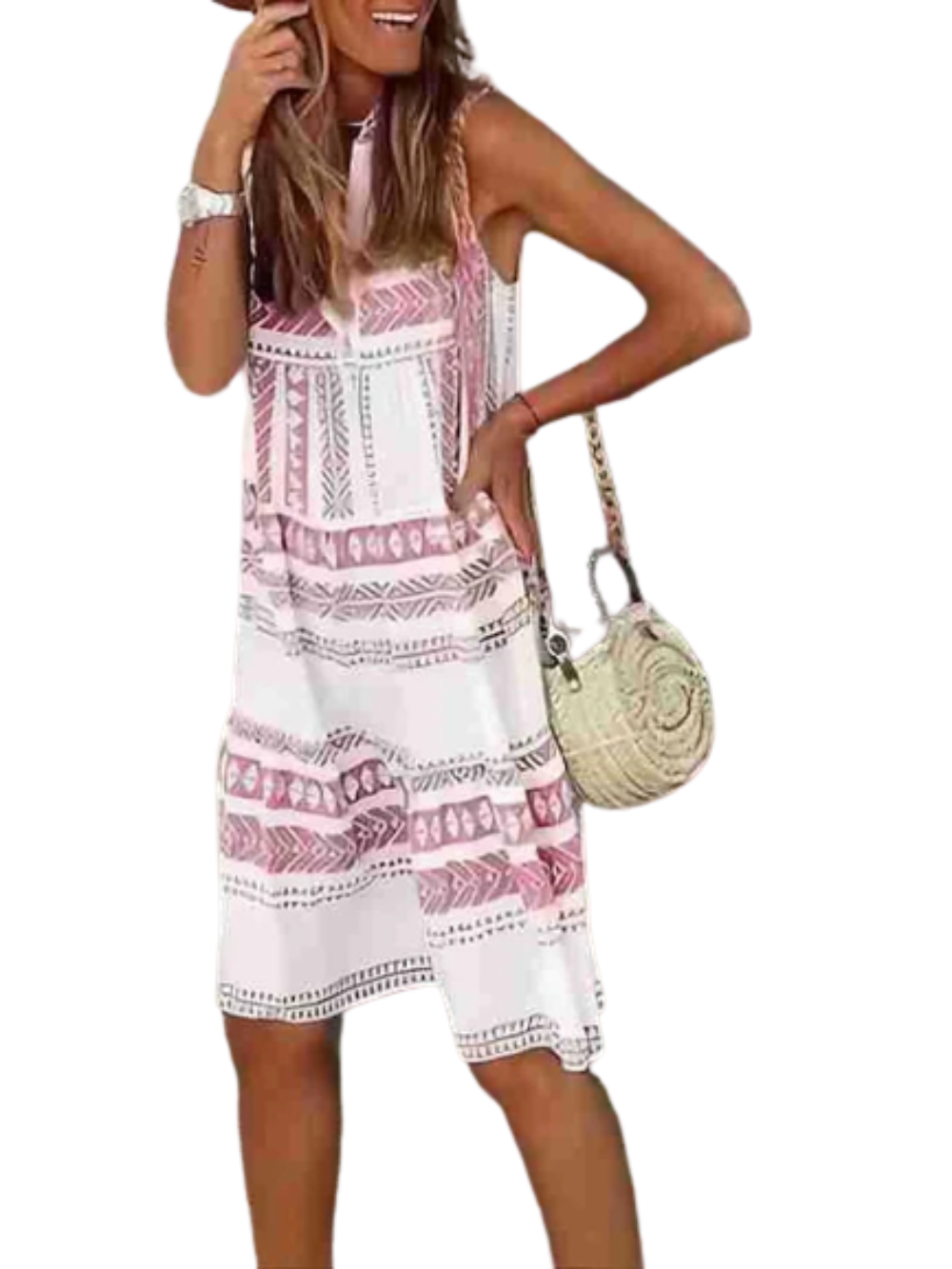 Women's Sleeveless Print V Neck Holiday Casual Dress