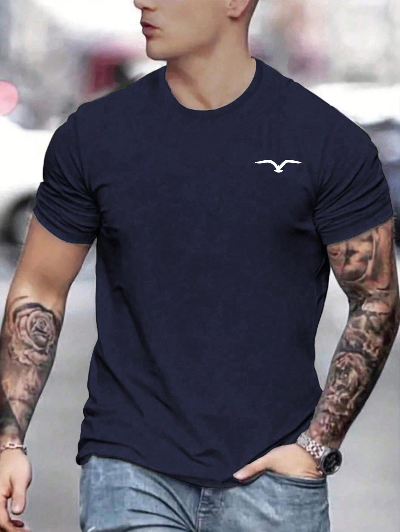 Men's Casual Seagull Print Crew Neck T-Shirt, Short Sleeve, Stretch Fabric