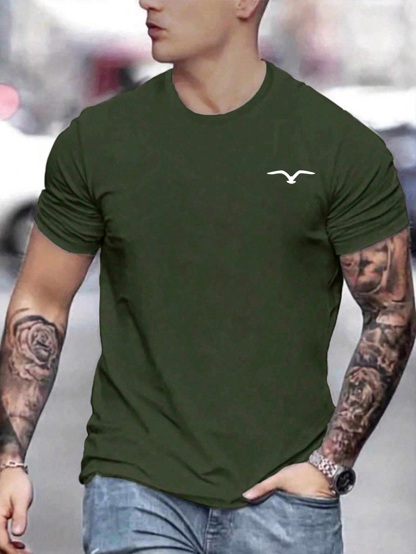 Men's Casual Seagull Print Crew Neck T-Shirt, Short Sleeve, Stretch Fabric