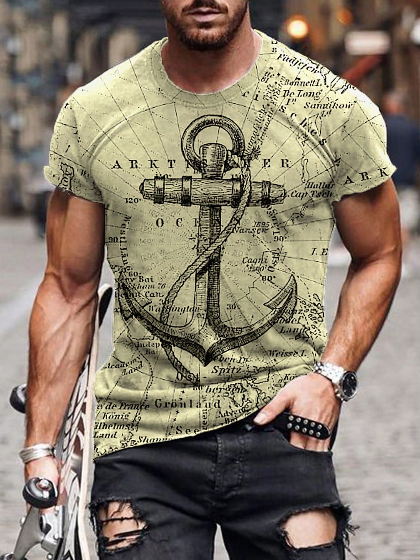 Men's Graphic Print Slim Fit Casual T-Shirt, Short Sleeve, Round Neck
