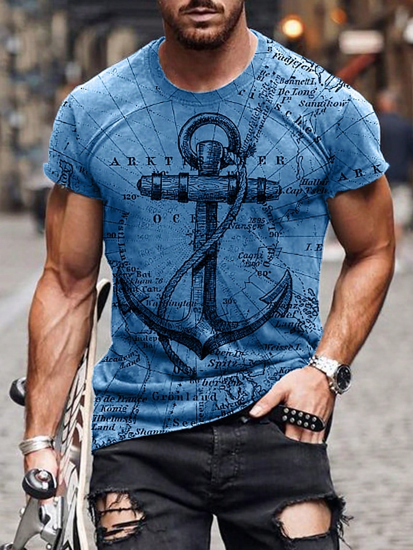 Men's Graphic Print Slim Fit Casual T-Shirt, Short Sleeve, Round Neck
