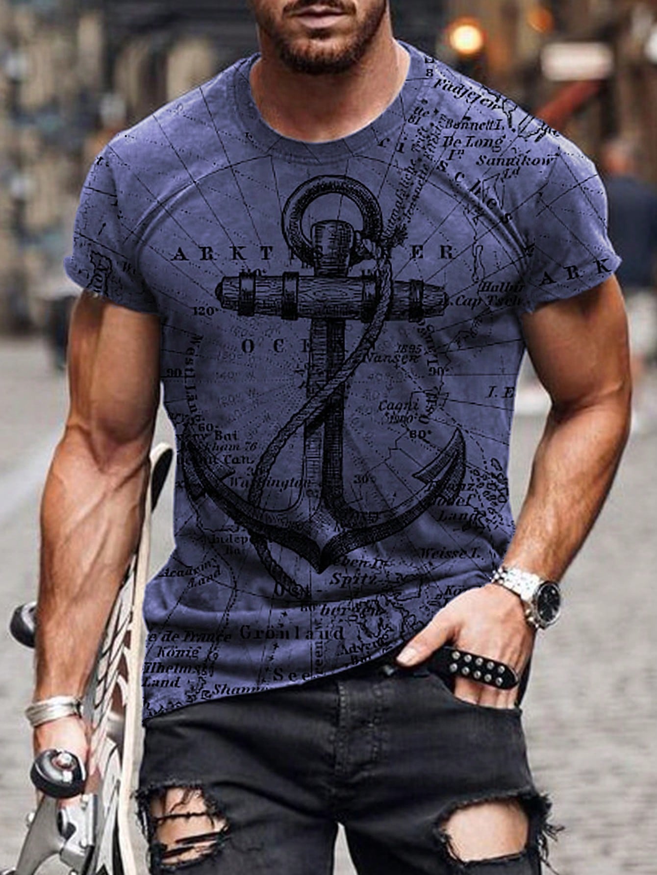 Men's Graphic Print Slim Fit Casual T-Shirt, Short Sleeve, Round Neck