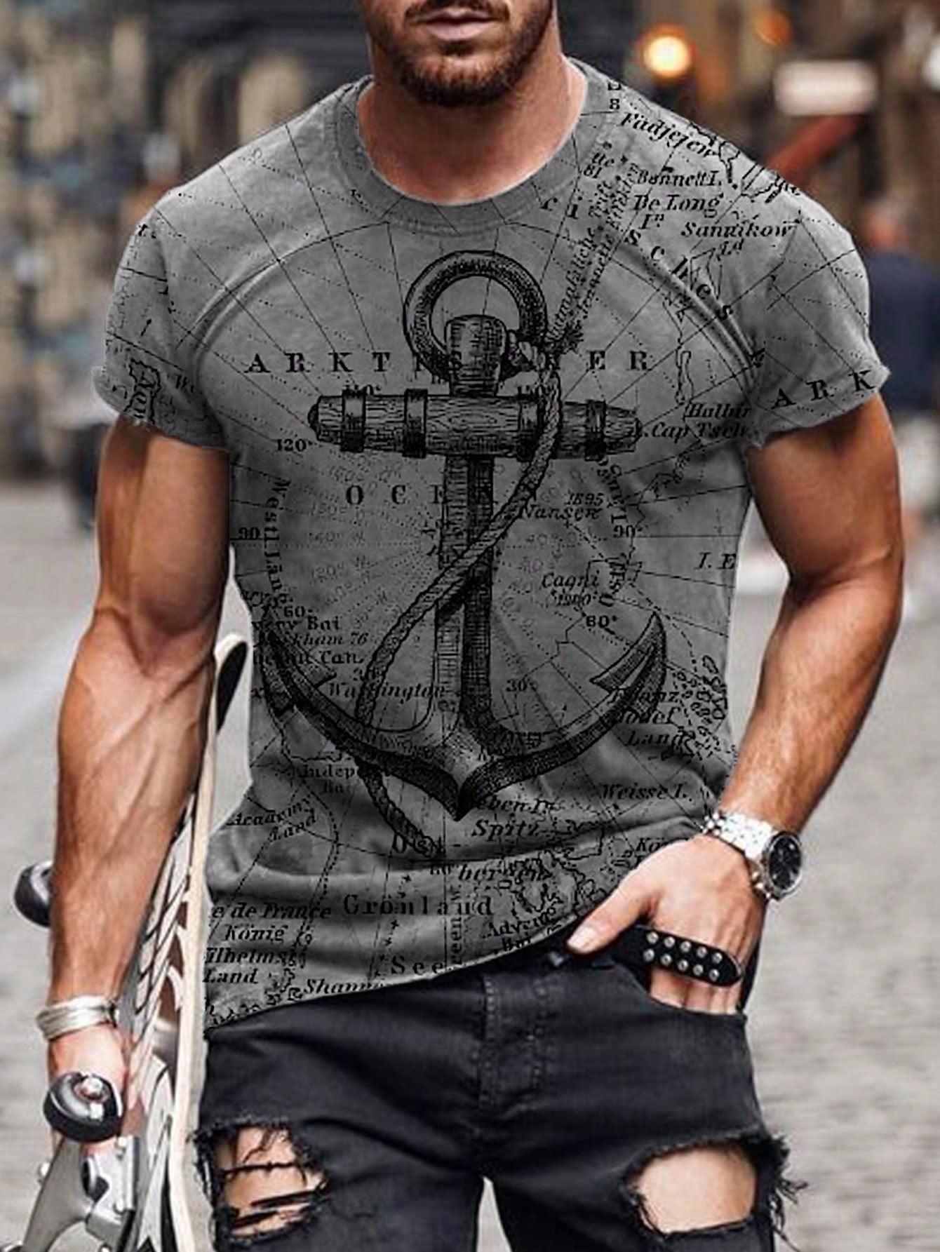 Men's Graphic Print Slim Fit Casual T-Shirt, Short Sleeve, Round Neck