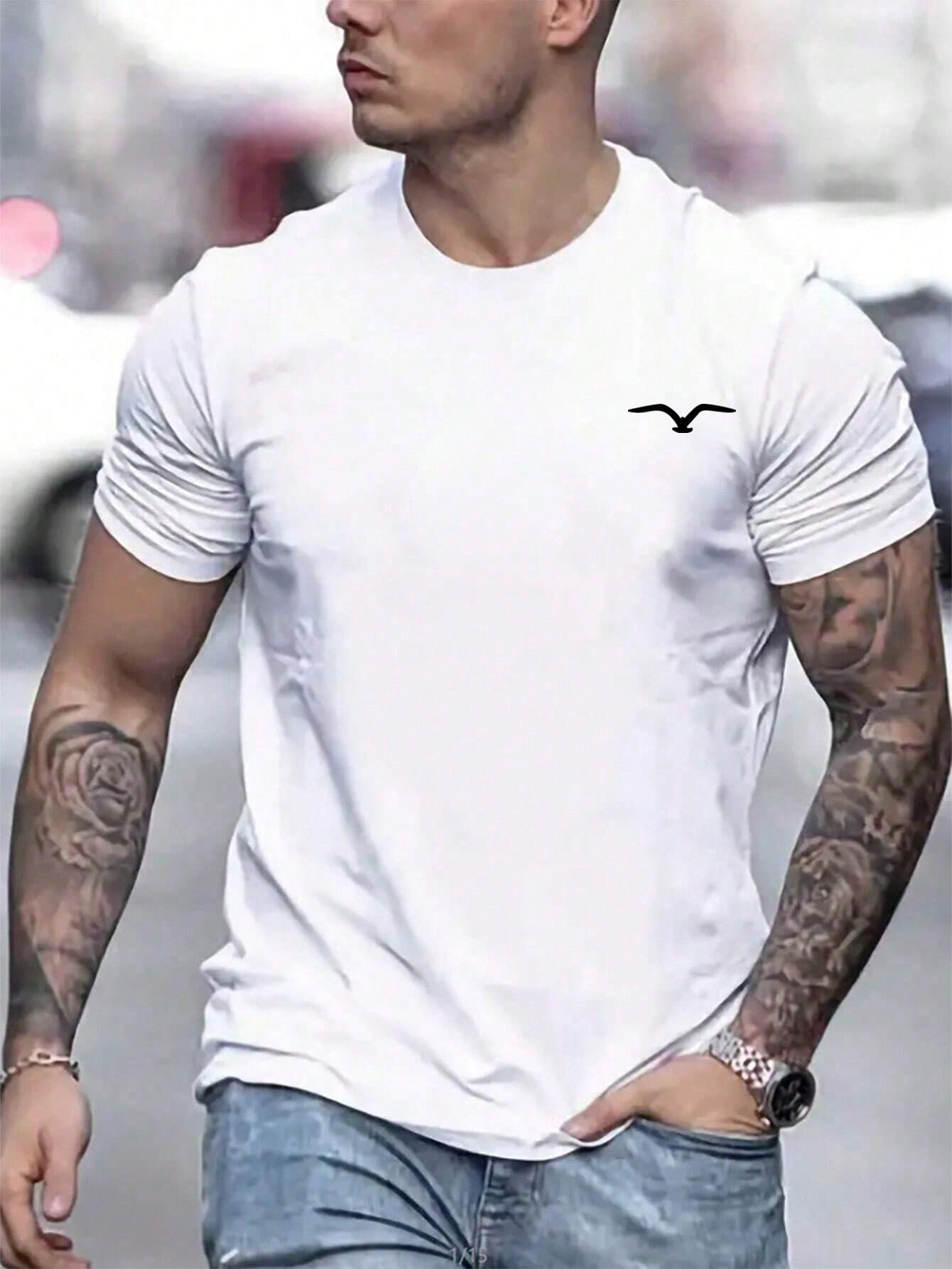 Men's Casual Seagull Print Crew Neck T-Shirt, Short Sleeve, Stretch Fabric