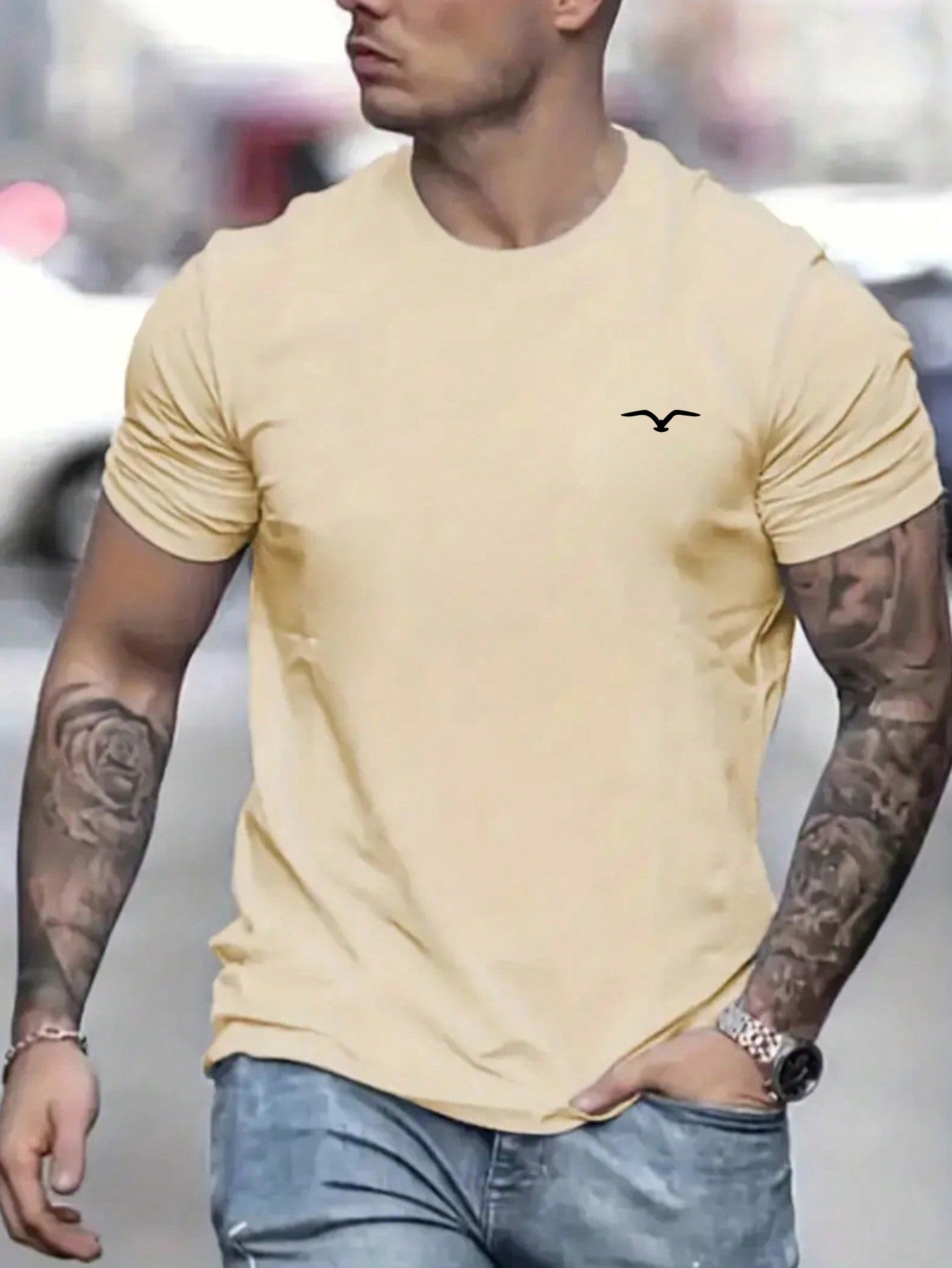 Men's Casual Seagull Print Crew Neck T-Shirt, Short Sleeve, Stretch Fabric