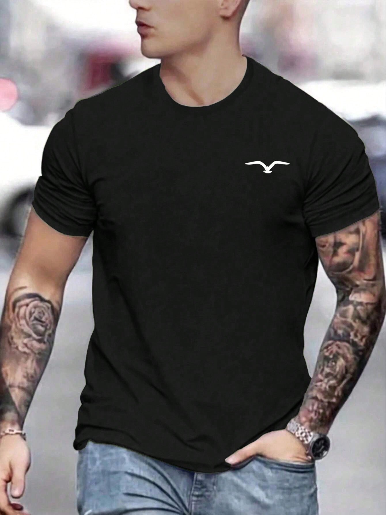 Men's Casual Seagull Print Crew Neck T-Shirt, Short Sleeve, Stretch Fabric