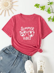 Tween Girl Casual Palm Tree & Letter Print Round Neck Short Sleeve T-Shirt